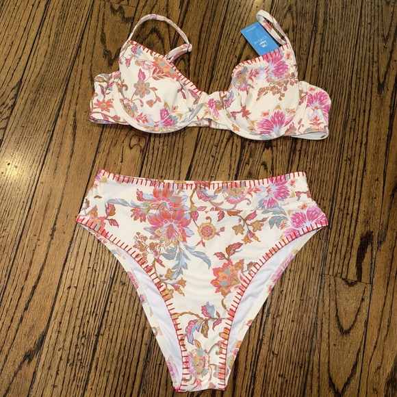 Cupshe Other - Cupshe‎ Bikini Large Top Small High Waist Bottom NWT White Pink Red Floral